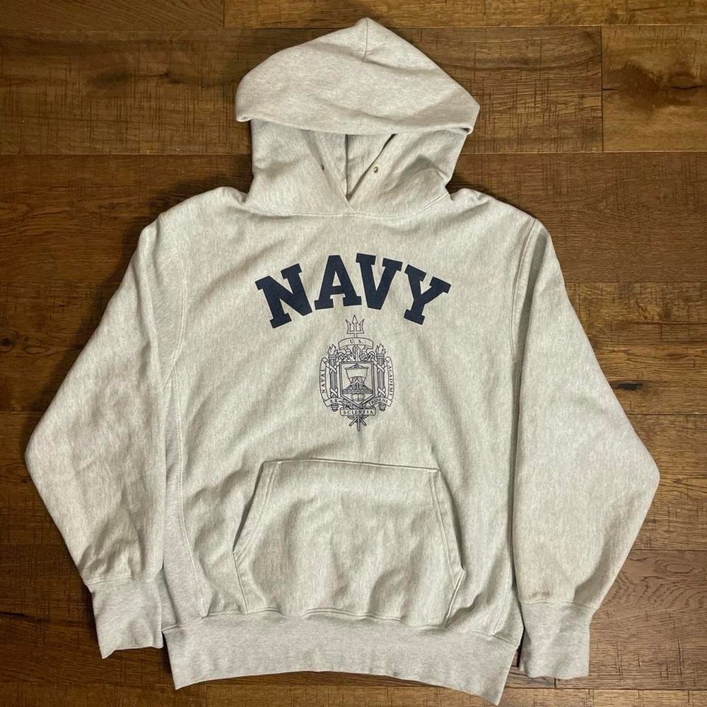 Champion Hoodie Mens M Grey Y2K US Navy Reverse Weave Military Academia